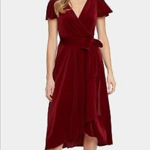 DKNY Womens Burgundy Tie Velvet Flutter Sleeve Surplice Neckline Midi Dress
